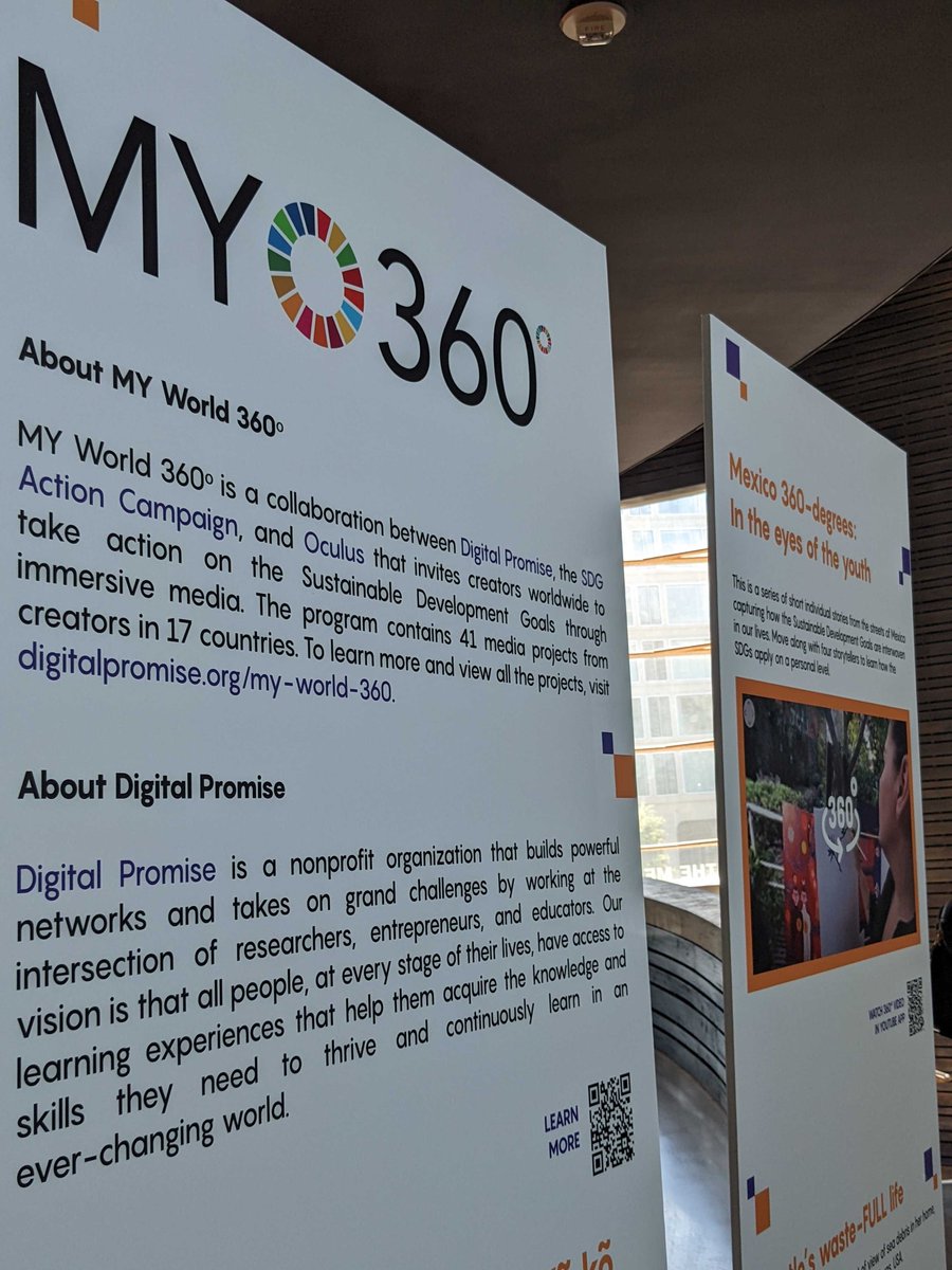 DigitalPromise's tweet photo. Attention #DevexWorld attendees! Stop by the #myworld360 exhibit in the upper lobby to watch youth-produced 360 videos on topics they care about, from climate change to gender equality! #flipthescript @sdgaction https://t.co/gC6AVEk29G