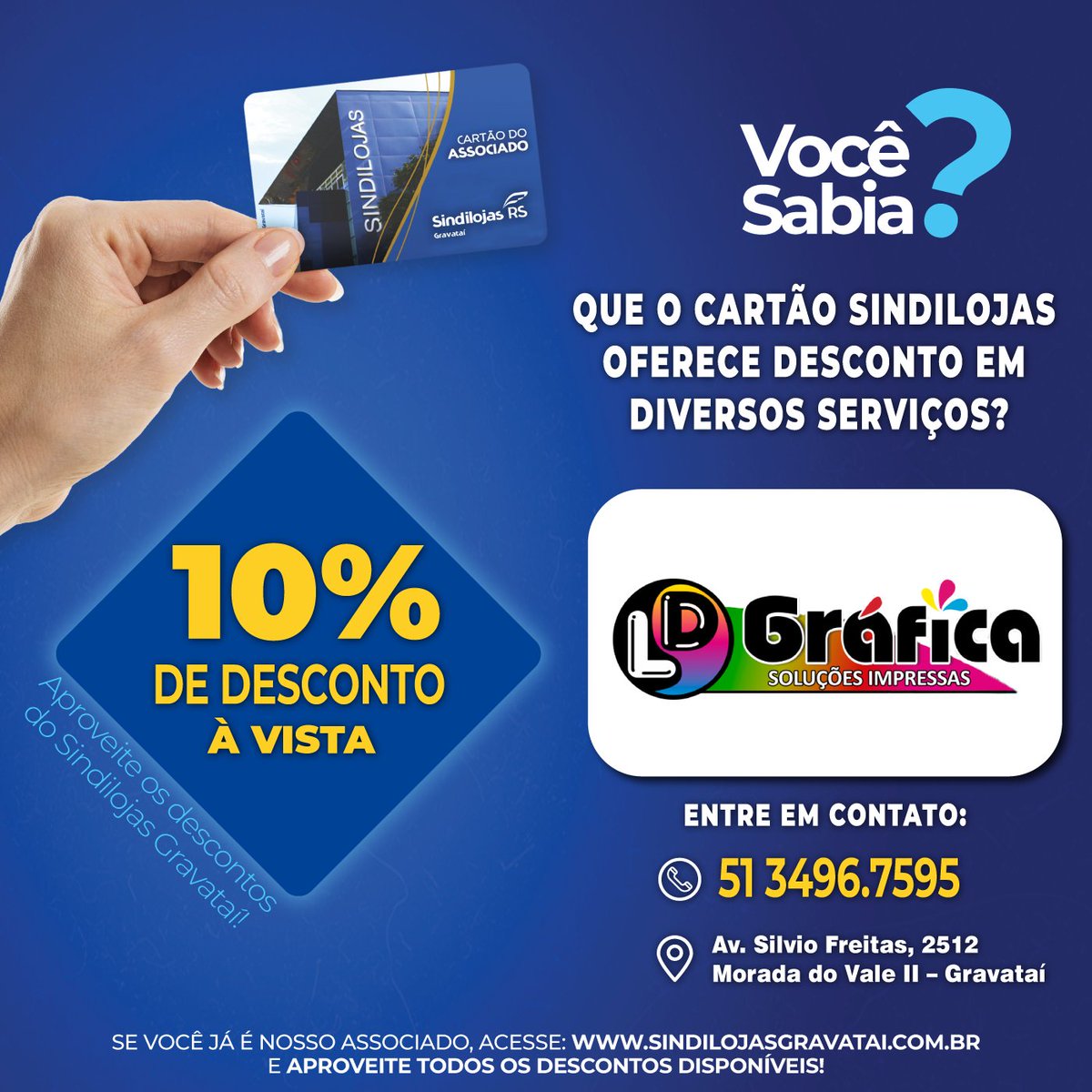 sindilojas's tweet photo. 👉 Com o cartão Sindilojas você tem até 10% DE DESCONTO à vista nos serviços da LD GRÁFICA.

Entre em contato pelo fone:
☎️ 51 3496.7595

Venha nos visitar: 
 📌 Av. Silvio Freitas, 2512 – Morada do Vale II – Gravataí

👉 @ldgrafica2010 👈 https://t.co/2efmP4YGnf