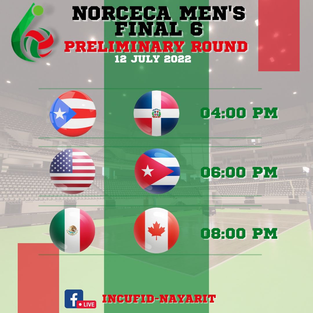 Preliminary Round Day 2️⃣ NORCECA Men’s Final Six in Tepic, Nayarit

📆 July 12
⏰ Local Time
ℹ️ norceca.net

📺 Facebook LiveINCUFID-Nayaritt

#norceca #volleyball #FinalSix #norcecamf6