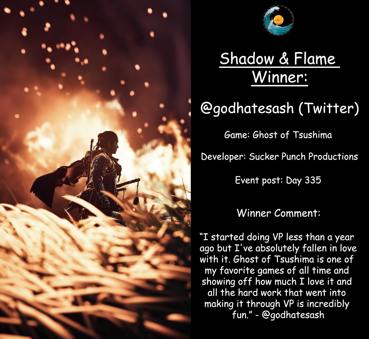 ZarnGaming's tweet photo. July 4-10 #ShadowAndFlame community voting has ended and its time to announce the winner: 

@godhatesash with #GhostOfTsushima capture!

The winner will be featured in our Hall of Fame &amp; socials.

Thanks everyone for participation, looking forward to the next theme👀

#ZarnGaming https://t.co/5yLSvXoPAn