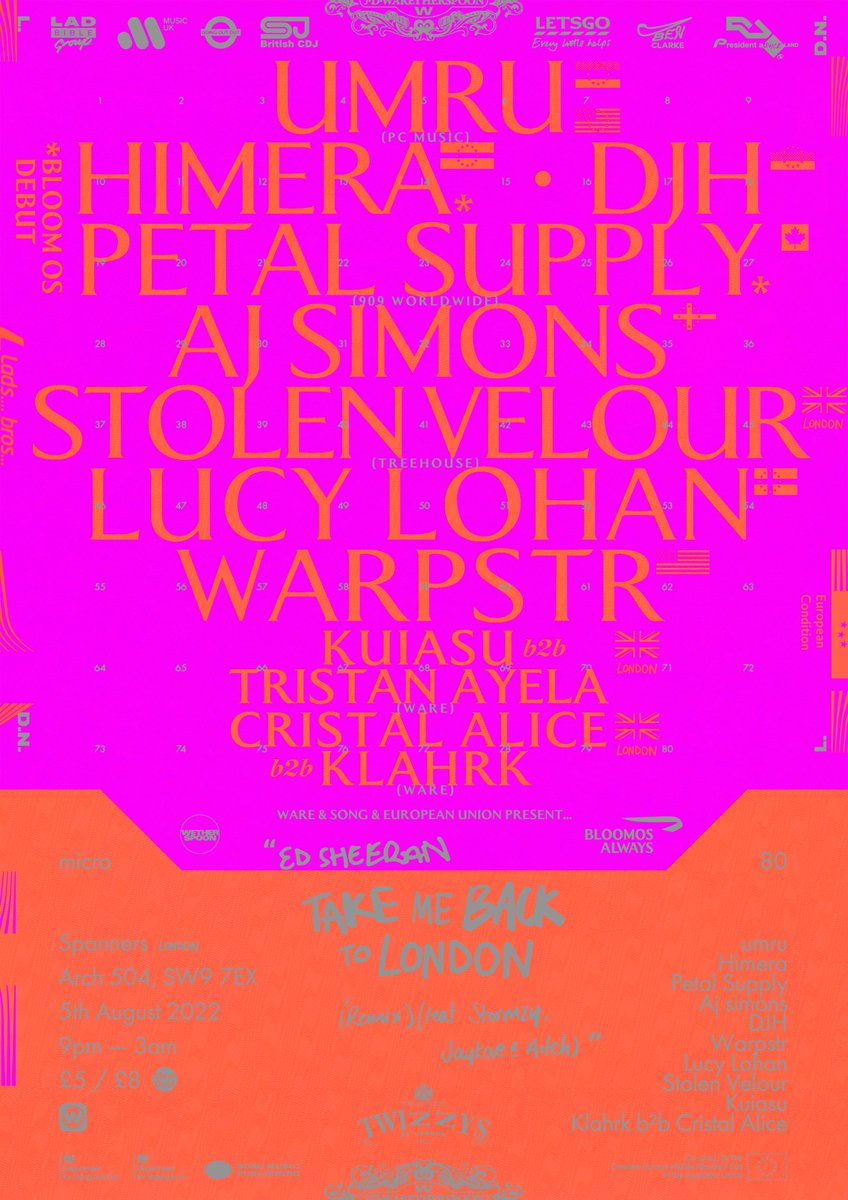 umru_'s tweet photo. WARE &amp; SONG® &amp; European Union present

micro⁸⁰ ‘Take Me Back to London’

umru 
@DJHIMERA *
@DJH___ 
@PetalSupply *
@Ajsimons96 
Stolen Velour
@lucylohan160 
@warpstrr 
@kuiasu_ ᵇ²ᵇ Tristan Ayela
@klahrkmusic ᵇ²ᵇ Cristal Alice

*Bloom OS Debut

Spanners
5th August 2022
9 — 3 https://t.co/mK1eOrnwz7