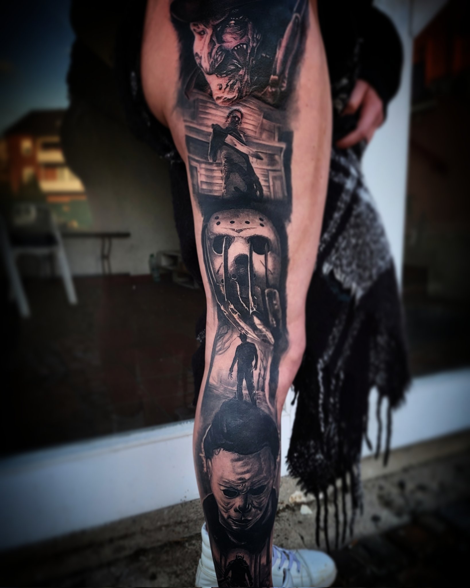 Tattoo uploaded by Ross Howerton  A leg sleeve featuring iconic slashers  from horror flicks by Nikko Hurtado IGnikkohurtado blackandgrey  Chucky FreddyKrueger MichaelMyers NikkoHurtado portraiture realism   Tattoodo