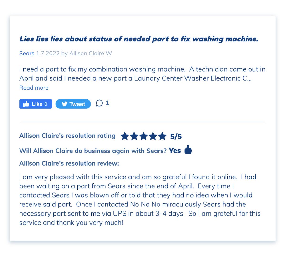 nonono__com's tweet photo. Our most recent resolution review after we helped a Sears customer resolve a complaint. 

#CustomerService #reviews #Consumers https://t.co/wI8t3P36Z0