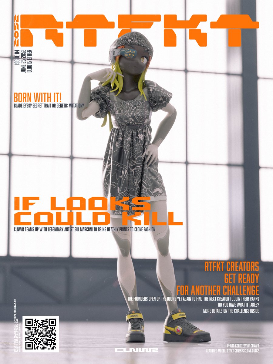 If looks could kill, we'd all be dead ☠

Another <a href="/RTFKT/">RTFKT</a> 2052 magazine cover pulled from the future archives featuring the Queen <a href="/Fereiliquid/">Fereiliquid ⚡️</a> 

<a href="/CLNWR/">Clnwr</a> dress featuring print design by the legend <a href="/guimarconi1982/">Gui Marconi</a>