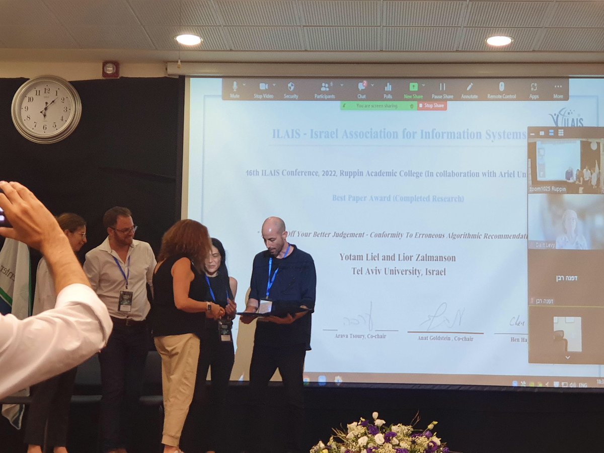 info_mgmt's tweet photo. Proud of @YotamLiel and @Zalmanson for winning best paper (in the unpublished category) at the ILAIS 2022 conference. Their paper addresses the dynamics of conformity in relation to accepting algorithmic recommendations as-is. https://t.co/rDgyLLhdNl