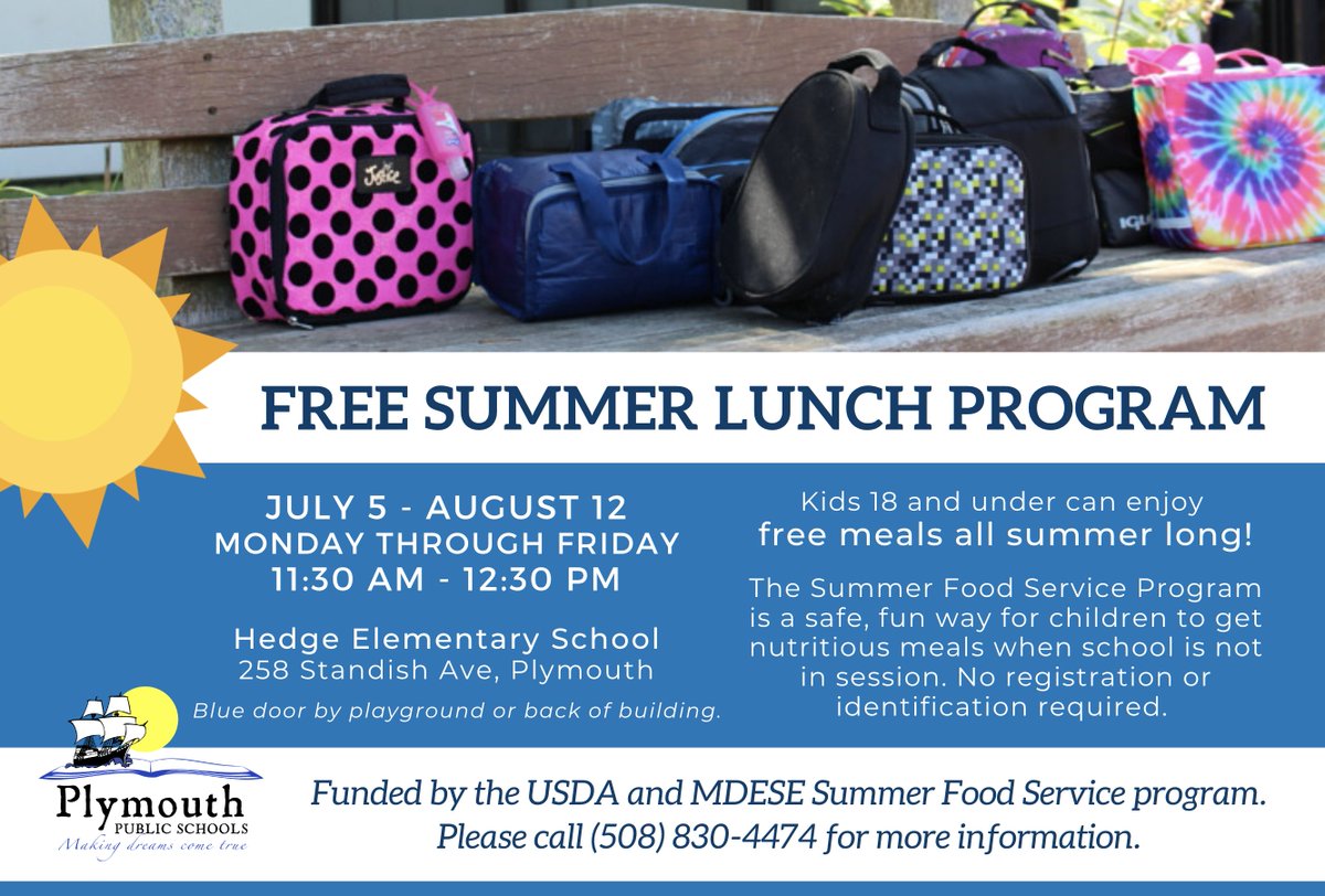 Reminder! Kids 18 and under can enjoy free meals all summer long! The Summer Food Service Program is a safe, fun way for children to get nutritious meals when school is not in session. No registration or identification is required. Mon - Fri, 11:30 - 12:30 PM at Hedge Elementary