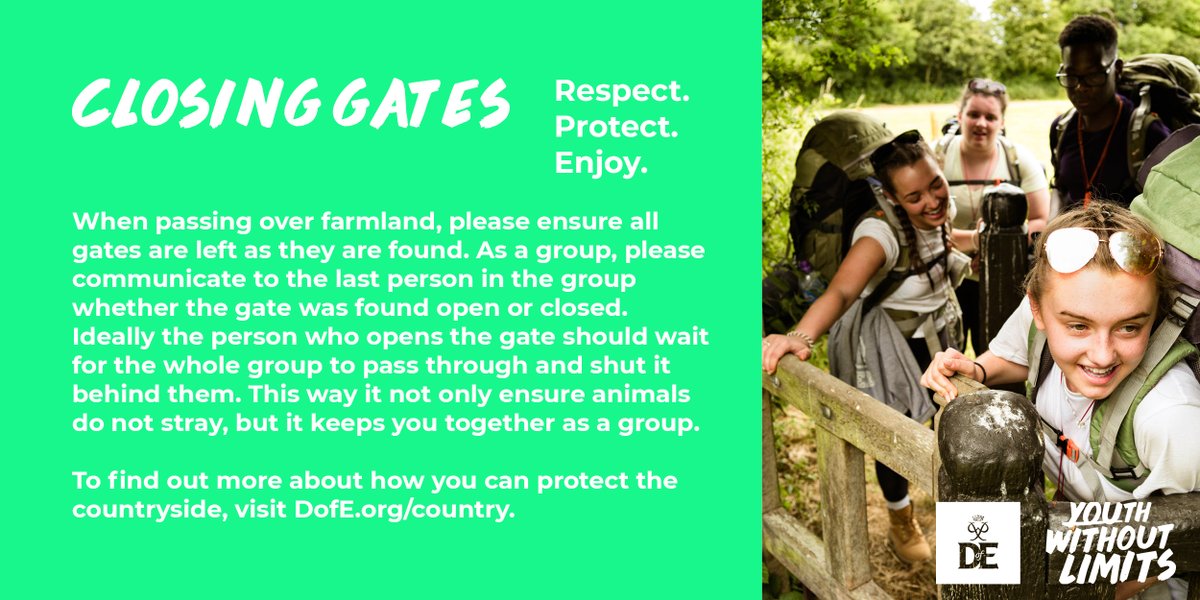 DofEWales's tweet photo. When you're out on your DofE #Expedition or exploring the outdoors, don't forget to follow the countryside code at all times and leave gates as you find them. 

Respect. Protect. Enjoy. https://t.co/its5601h7a