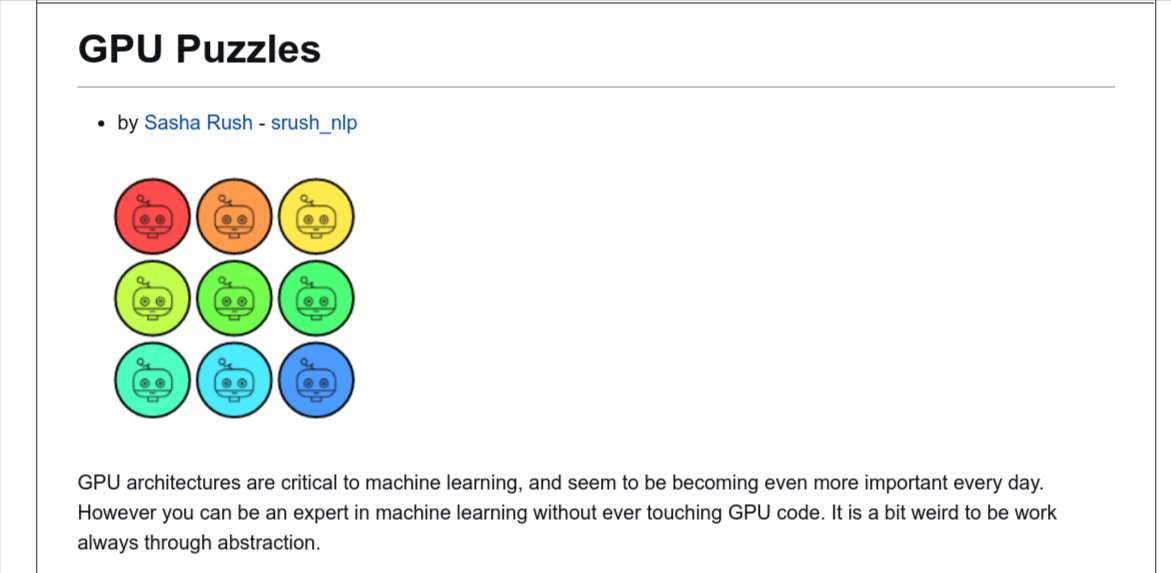 You use GPUs everyday, but do you (actually) know how they work?

GPU-Puzzles (v0.1) - 14 short puzzles in Python with a visual debugger. No background required. Do puzzles, learn CUDA. 

Link: github.com/srush/GPU-Puzz…
