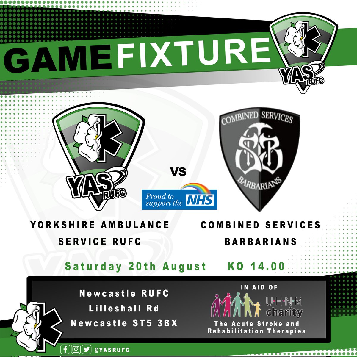 yasrufc's tweet photo. ◾◾ GAME FIXTURE◾◾
@yasrugbyunion vs Combined Services Barbarians
🚑 vs 🪖
📅 Saturday 20th August - KO : 14.00
🆚️ Wales Ambulance Service R
📍 Newcastle RUFC, Lilleshall Road, Newcastle, ST5 3BX
In aid of @UHNMCharity
#yasrugby #rugbylife #gamefixture https://t.co/t1Qi1VH0Rd