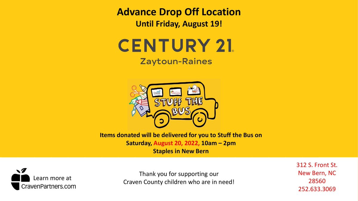 Century21_ZR's tweet photo. School will be here before you blink! Let's help make this the BEST school year ever for our community! Bring your donation to our office M-F from 8:30-5 and Sat. 9-3!
#dropofflocation #stuffthebus #partnersineducation #PIE #cravencountyschools #community #C21ZR https://t.co/81hAADxj0P