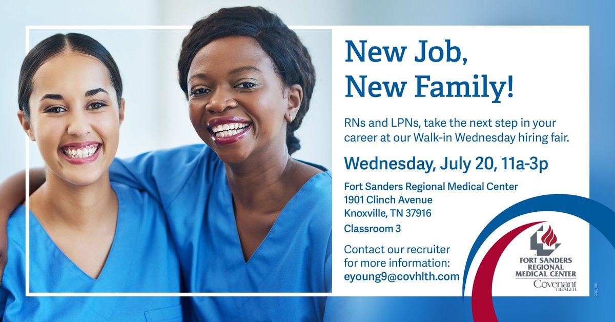 We have another great opportunity for you to come out and meet with our recruiters! Join us at Fort Sanders Regional Medical Center on July 20th between 11am - 3pm. We hope to see you there! To RSVP, please visit: bit.ly/3uHvsYV