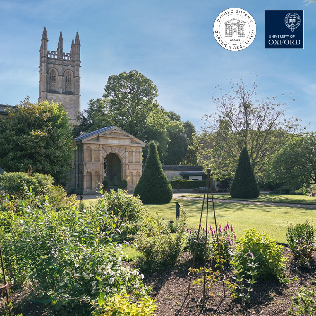 A photo showing the Oxford Botanic Gardens including the entrance arch. The University of Oxford and Botanic Gardens logo appear in the top right-hand side.