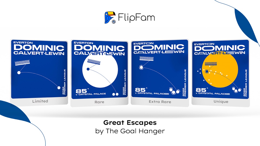 FlipFamHQ's tweet photo. ⭐️ The ‘Great Escapes’ #NFT Collection Update ⭐️ 

Two more NFTs from the ‘Great Escapes’ collection will be dropping this week 🥵 

🔵 Calvert-Lewin (2022)
⚪️ Bachini (2002)

These two new series rewards will be available in-app from noon on Thursday 14th July. 🎁 https://t.co/gcJogQt6qP