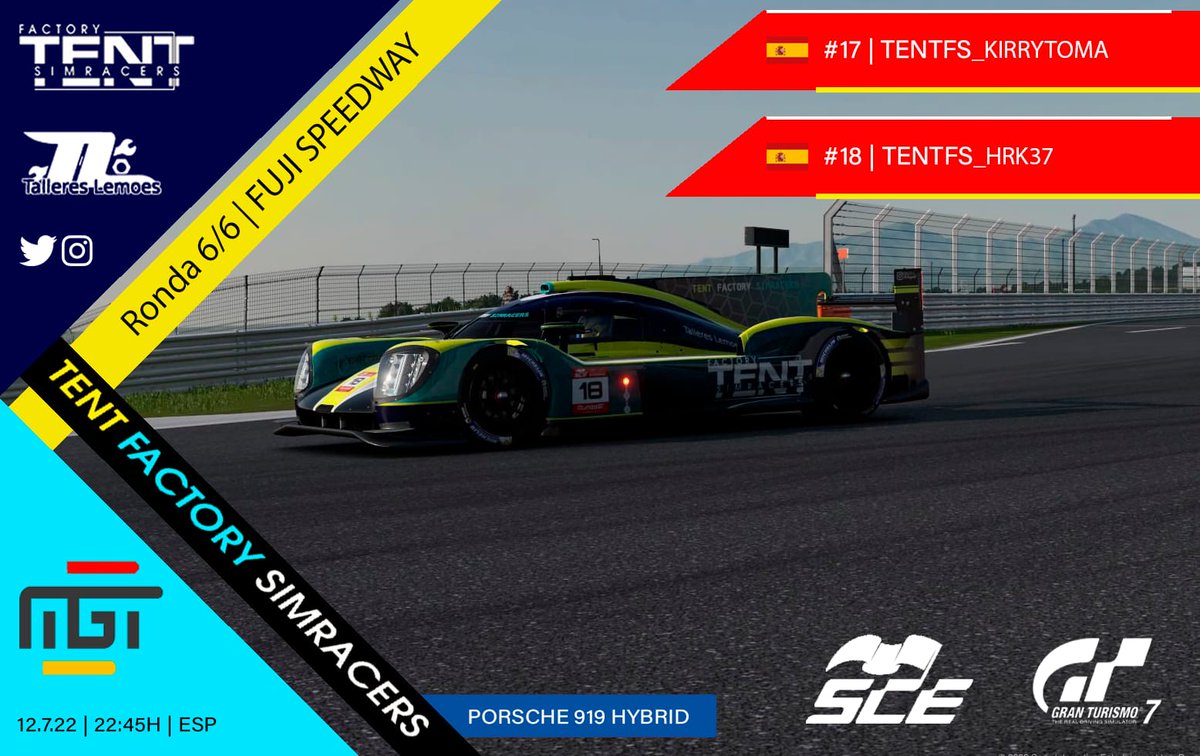 🗣️ Tras conseguir el pase a las Finales de la #SCE de <a href="/MundoGT/">MundoGT</a> anoche GRACIAS a <a href="/TENTFS_lemoes/">TENTFS_lemoes</a> y <a href="/Juanp97_/">Juanp VS</a> , esta noche última carrera del Grupo A , y de nuevo con setup 🎊

🏎️ Porsche 919 Gr1

👤 <a href="/HRK372/">MiguelMartín</a>
👤 <a href="/kirrytoma/">Miquel Pardo</a>

🕚 23:00h

📺 Twitch.tv/MundoGT

🔧 #TalleresLemoes