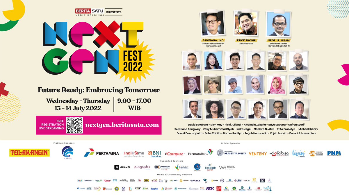 Beritasatu's tweet photo. Jangan lewatkan kesempatan belajar dari deretan tokoh hebat Indonesia dari berbagai sektor. Mereka akan berbagi pengalaman di Next Gen Fest 2022 pada 13-14 Juli 2022 di: https://t.co/ZDjzoTFCx6
Sampai bertemu! 🤩🤩
#NextGenFest2022
#FutureReady
#EmbracingTomorrow
#OnlineWorkshop https://t.co/QBKZ9PFmIM