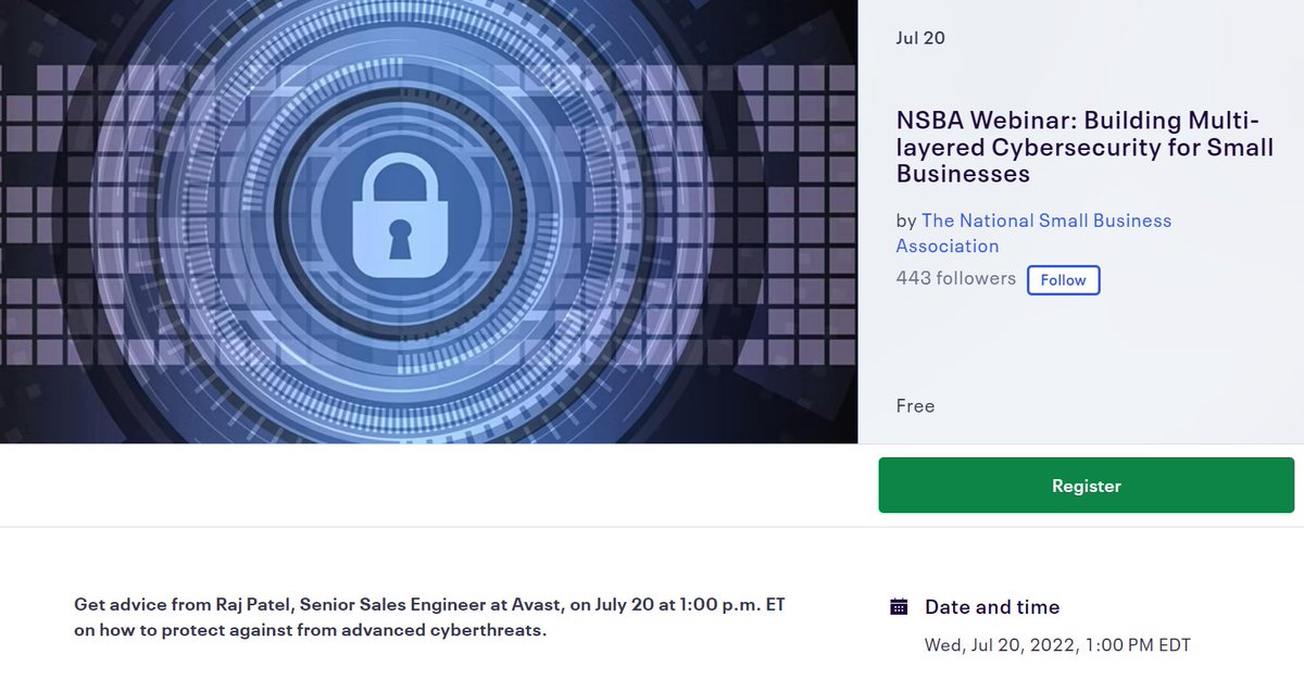 NSBA (@nsbaadvocate) on Twitter photo Don't forget to register for #NSBA's Cybersecurity Webinar on Building Multi-layered #Cybersecurity for #SmallBusinesses! bit.ly/3am5Euz
Hosted by #NSBA partner <a href="/AvastBusiness/">Avast Business</a> - it'll be worth your lunch hour! Don't forget to register for #NSBA's Cybersecurity Webinar on Building Multi-layered #Cybersecurity for #SmallBusinesses! bit.ly/3am5Euz
Hosted by #NSBA partner <a href="/AvastBusiness/">Avast Business</a> - it'll be worth your lunch hour!