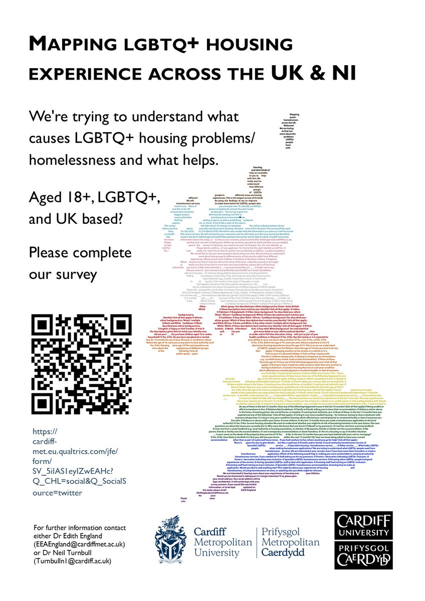 LGBTQ, aged 18 or over, and living in the UK? Please complete our survey (8-10m) on your housing/ homelessness experiences. Follow the link for more information cardiffmet.eu.qualtrics.com/jfe/form/SV_5i…