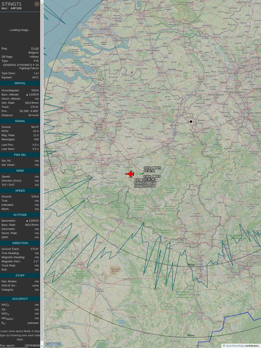 AboveHeerlen's tweet image. #PlaneAlert ICAO: #44F106 Tail: #FA86 Flt: #STING71 
Owner: #BelgianAirComponent
Aircraft: #F-16 Fighting Falcon
2022/07/12 16:36:01
#F16 #Mil #Chappy #YouJustLostARefinery #Luchtcomponent #OtherAirForces youtu.be/DyruzLjVwbc?t=… 
globe.adsbexchange.com/?icao=44F106&amp;amp;s…