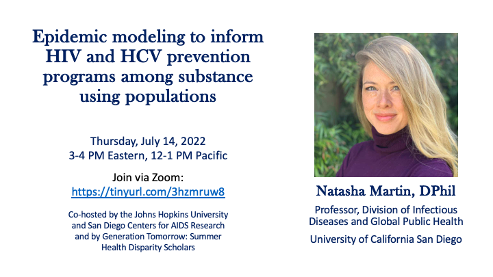 UCSD_HIV's tweet photo. Mark your calendar on Thurs., July 14, 3-4 PM EDT, 12-1 PM PDT! @NMartinUCSD will be speaking in a seminar co-hosted by @HopkinsCFAR &amp; @SDCFAR &amp; by #GenerationTomorrow. Join via Zoom: https://t.co/NsNDsd3pMp https://t.co/9HmmnqRFhF