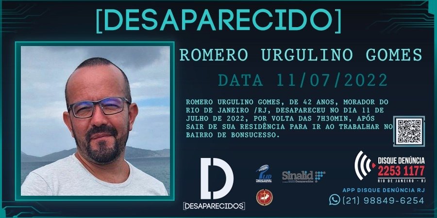 DDalertaRio's tweet photo. Galera, esse é o Romero Urgulino Gomes, de 42 anos. Ele é carioca e está desaparecido desde o dia 11/07/2022, por volta das 7h30min, após sair de casa, com destino ao bairro de Bonsucesso, para trabalhar. Bora compartilhar?!

Informações:
📞21.2253 1177
📱Whats 21.98849 6254 https://t.co/J8Ecg7XyJp