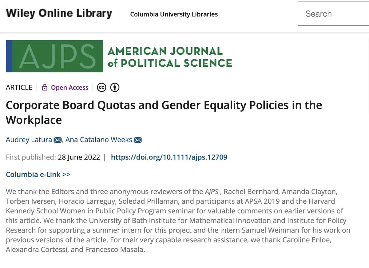 Reading this week: Corporate Board #Quotas and #GenderEquality Policies in the #Workplace by @audreylatura & @anacweeks

Findings: 50%📈in post-quota 🇮🇹companies' attention to GE issues, especially leadership & family care+changes reflect genuine progress!
…anrightscolumbia.us18.list-manage.com/track/click?u=…