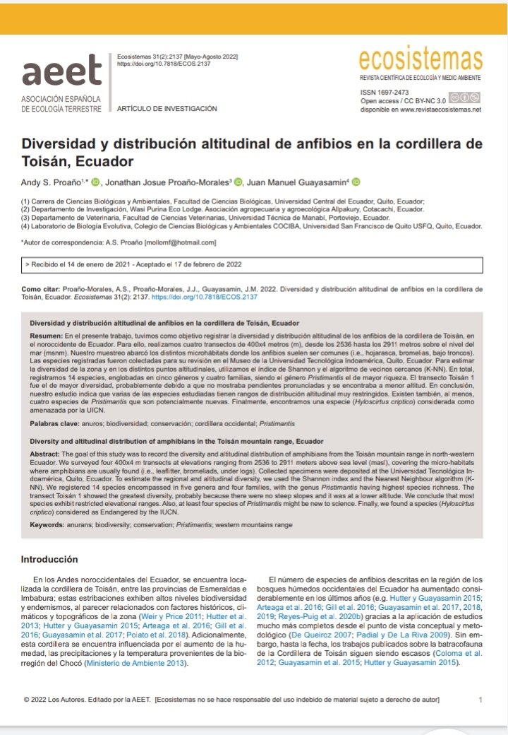 andy_proano's tweet photo. Buenas. Me complace compartirles nuestro artículo, dónde se registró la diversidad de anuros en un sector de la cordillera de Toisán (Intag -Ecuador). (Un trabajo en conjunto con Jonathan Proaño y @jmguayasamin

Pueden leerlo aquí: https://t.co/dzPjL9yI6G https://t.co/LklmTCTki9