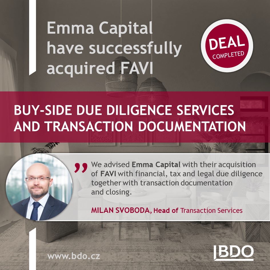 Při akvizici vyhledávače nábytku FAVI jsme kupující straně poskytli služby finanční, právní a daňové due diligence včetně transakční dokumentace. Gratulujeme českému investičnímu holdingu Emma Capital k realizované akvizici a přejeme mnoho obchodních úspěchů!
#duediligence