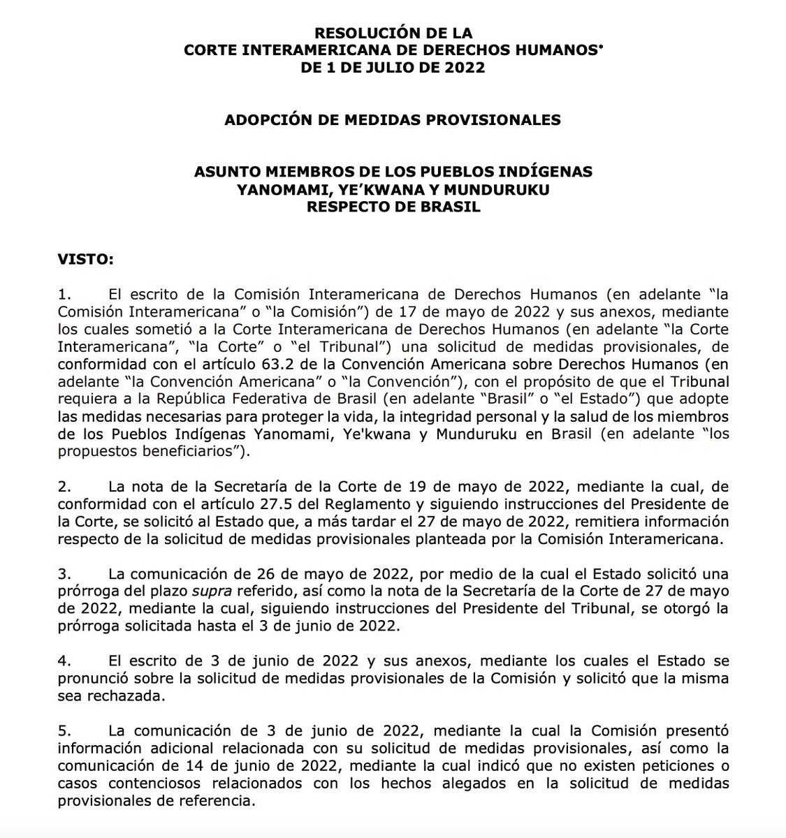 📄 Íntegra da resolução da <a href="/CorteIDH/">Corte Interamericana de Derechos Humanos</a> determinando que o governo brasileiro adote medidas emergenciais de proteção em favor de membros dos Povos Indígenas Yanomami, Ye’kwana e Munduruku bit.ly/3c8RBZZ