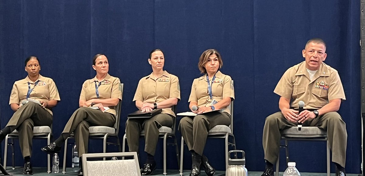 akszymanski's tweet photo. 3 Sergeants Major &amp; Master Guns talking “Building your Tribe”- taking care of Marines means taking care each other. These exceptional Marines shared impactful experiences/challenges - thank you SgtMaj Hawkins, SgtMaj Kirkby, SgtMaj Townsel, MGySgt Pugh! @SeaServiceLead #JWLS2022 https://t.co/6PJ0Lch5Je