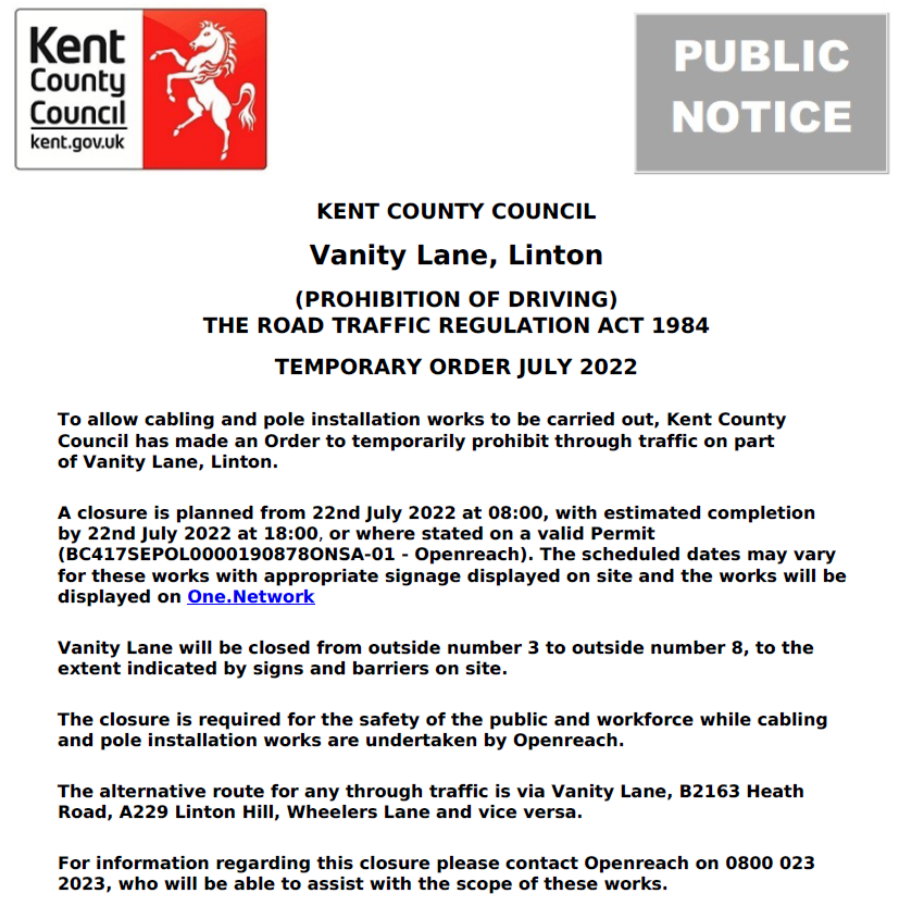 KCC Highways on Twitter "Linton, Vanity Lane. Road closure on 22nd