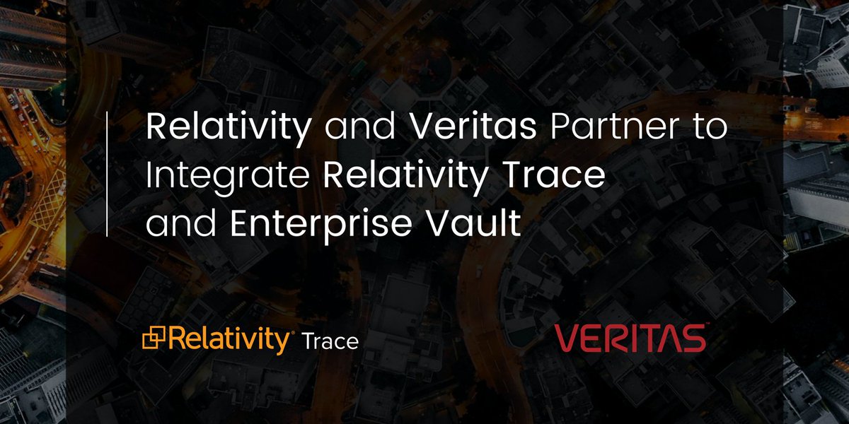 RelativityHQ's tweet photo. We're excited to announce a collaboration with @VeritasTechLLC to integrate #RelativityTrace with Enterprise Vault for a streamlined #compliance solution: https://t.co/UszKNEDl7W https://t.co/uUoEYOGQpn