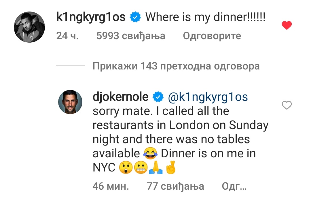 SerbsInSports's tweet photo. Djokovic to Kyrgios:"Dinner is on me in NYC" 👀🧐🙏 https://t.co/lw8H90LvFS