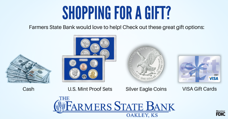fsboakley's tweet image. Farmers State Bank is stocked with great gift items for all occasions! Stop by and check them out! #giftideas #gift #proofset #silvereagle #giftcards #cash #twodollarbills #fsboakley