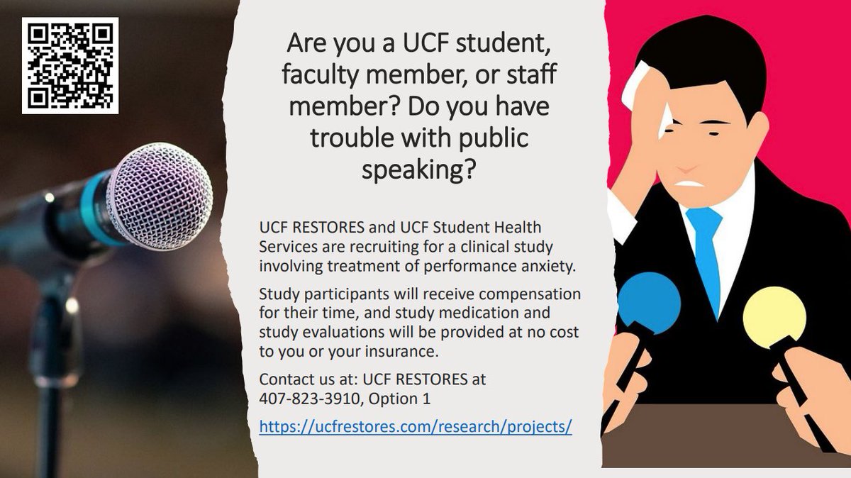 UCFHousing's tweet photo. Do you feel anxious when you have to give speech or talk in front of a group?

If you are a UCF student, faculty member, or staff member who experiences anxiety in performance situations, you may qualify for this research study!

Learn more here: https://t.co/9RFdPcwrYU https://t.co/pFEwpLqlQh
