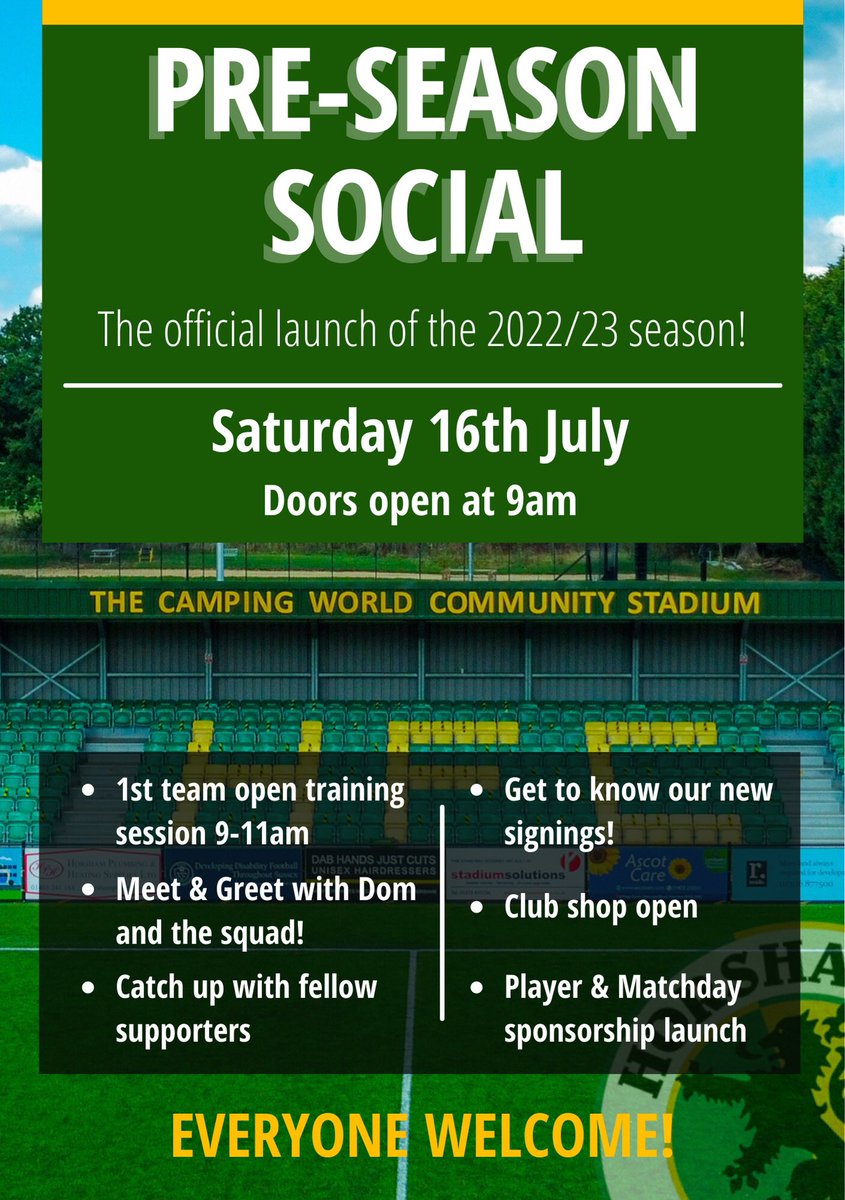 HorshamFC's tweet photo. 👥 Don’t forget we’re hosting a Pre-Season Social this Saturday! 

1st team training, bar &amp; kitchen open + meet &amp; greet with the squad. 🙌

#HorshamFC 💛💚 https://t.co/Nr1C3NC9ed