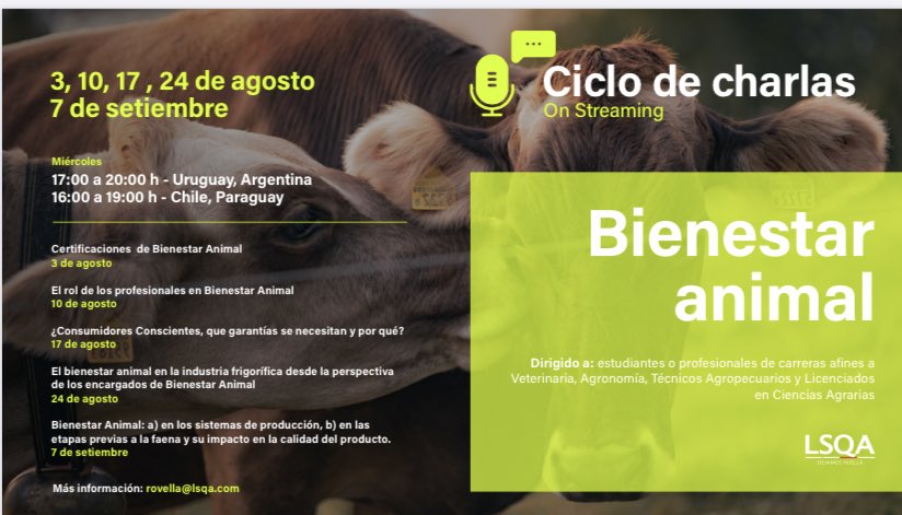 patriciarovell1's tweet photo. Ciclo de charlas sobre Bienestar Animal en Ganadería. On Streaming. Más info por DM o rovella@lsqa.com https://t.co/e7QEiJrf8U