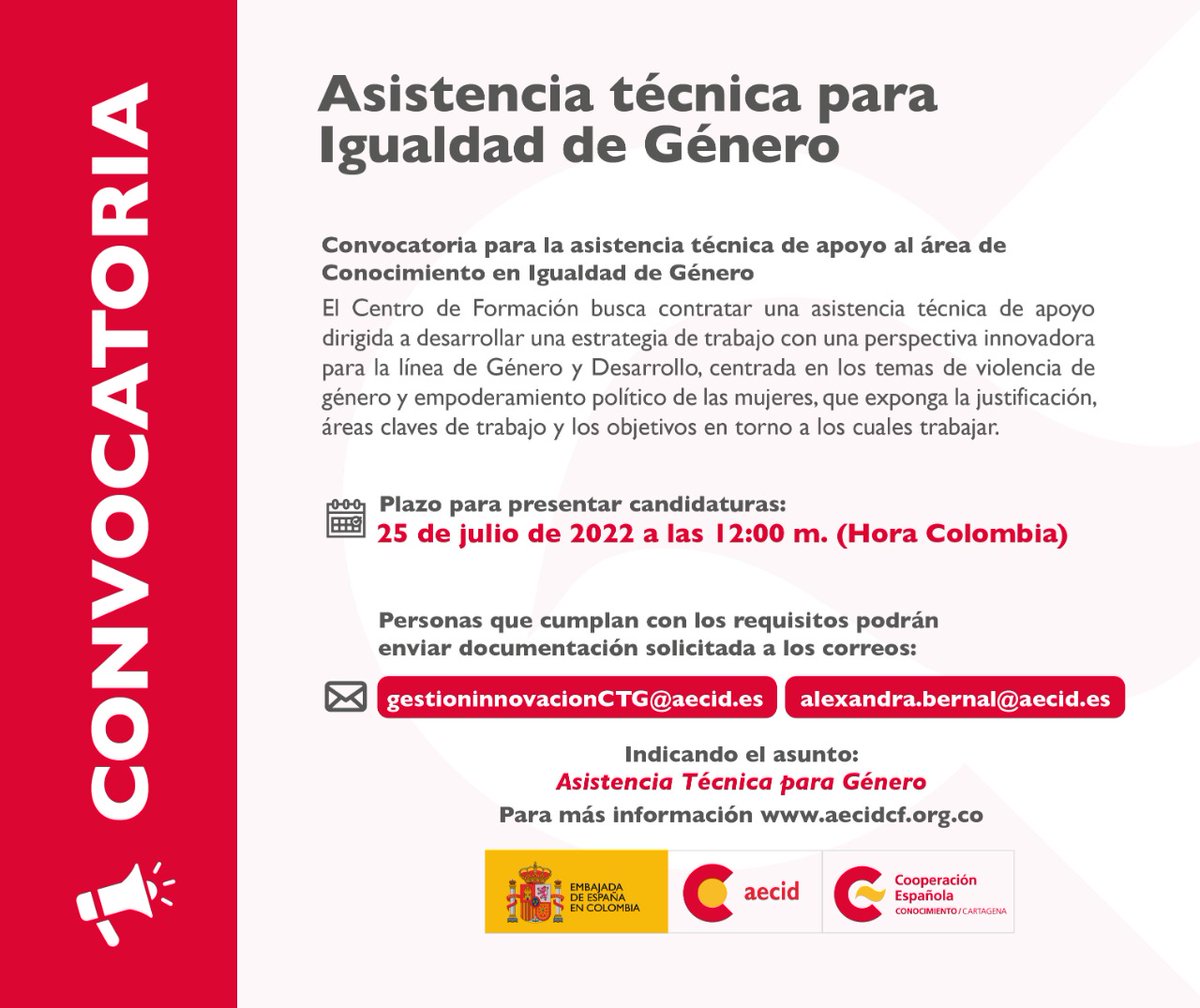 📢#Convocatoria| El Centro de Formación busca contratar una asistencia técnica de apoyo dirigida a desarrollar una estrategia de trabajo con una perspectiva innovadora para la línea de Género y Desarrollo.
➡️bit.ly/3yTZziv