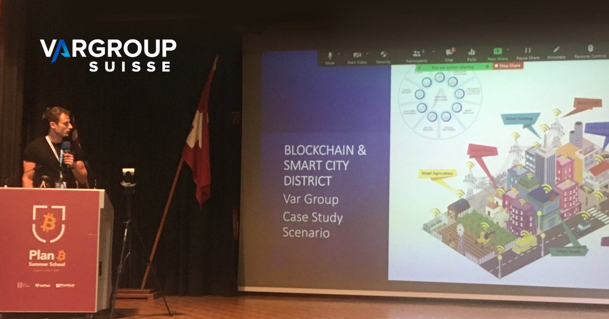 VarGroupSuisse's tweet photo. Which are the possible integrations of #blockchain technologies within a #SmartCity ecosystem like #Lugano?  
We are asking this question to the students of #PlanB  summer School and they have 3 days to answer with a brilliant #pitch. https://t.co/LtjJtJCiRa