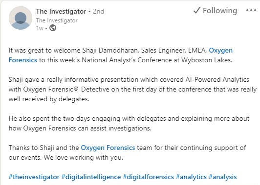 oxygenforensic's tweet photo. Thank you to The Investigator for writing about our Sales Engineer, Shaji Damodharan, and his presentation on AI-Powered Analytics. 
We are happy to have connected! 
#DFIR #OxygenForensics https://t.co/JAZEksQQ6s