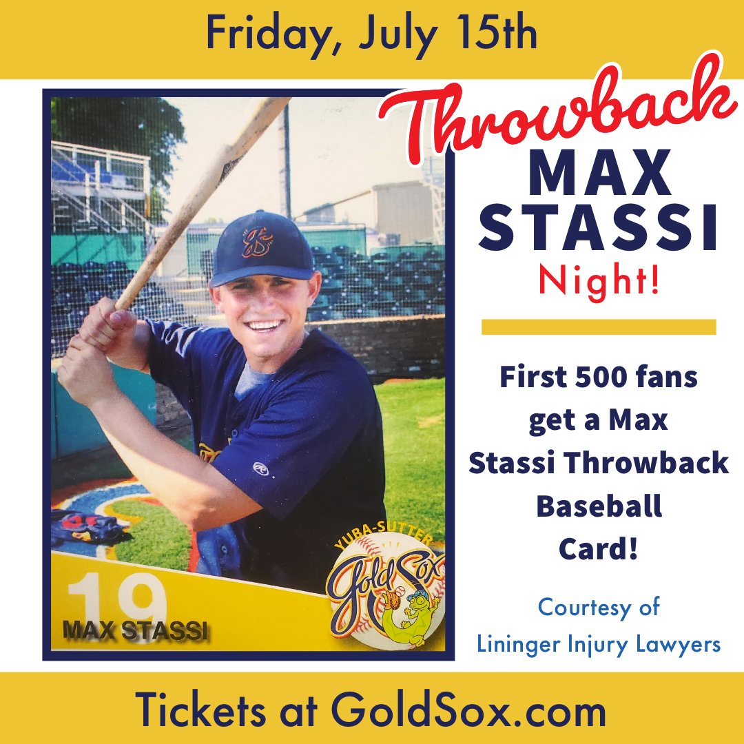 BREAKING NEWS!
This Friday, the first 500 fans will receive a FREE Throwback Max Stassi Gold Sox baseball card!
Get your tickets now at GoldSox.com.