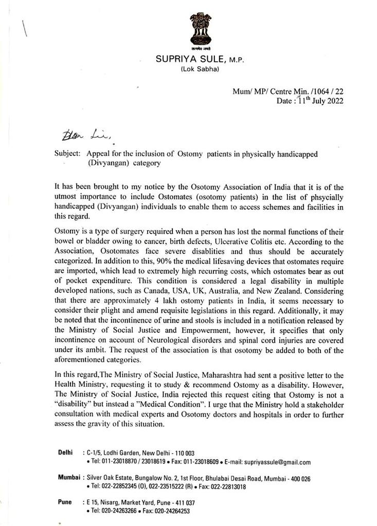 supriya_sule's tweet photo. Osotomy Association of India and many osotomy patients have brought to my notice the difficulties and hardships faced by them. They are requesting that Ostomates should be included in the list of disabilities. https://t.co/lxK3QbugYR