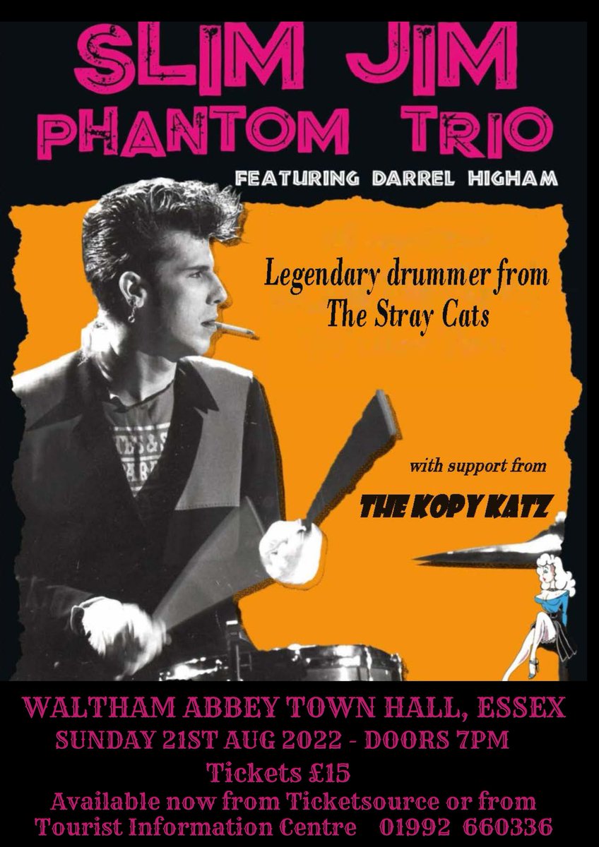 WATownCouncil's tweet photo. Legendary drummer from The Stray Cats, Slim Jim Phantom, is playing at Waltham Abbey Town Hall on 21st August 22.  Get your tickets now! https://t.co/xQpGFI2qZy   @UKRockabilly #straycats #slimjimphantom #legends #rocknroll #essexrockabilly @ukgigsonline @ukgig @eefnews @BBCEssex https://t.co/Bo4ektsB9f
