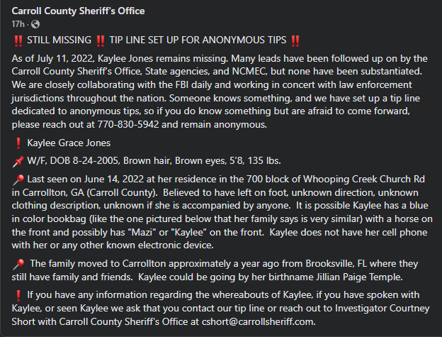 jodicita's tweet photo. 🚨#FindKaylee from LE working the case: If you have any info regarding the whereabouts of Kaylee, contact our anonymous tip line 770-830-5942 or reach out to Investigator Courtney Short with Carroll County Sheriff's Office at cshort@carrollsheriff.com🚨 #KayleeJones #ShareHerFace https://t.co/dlVWT41Yh8