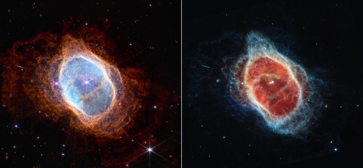 Some stars go out with a bang. In these images of the Southern Ring planetary nebula, @NASAWebb shows a dying star cloaked by dust and layers of light. Explore this star's final performance at nasa.gov/webbfirstimages #UnfoldTheUniverse.