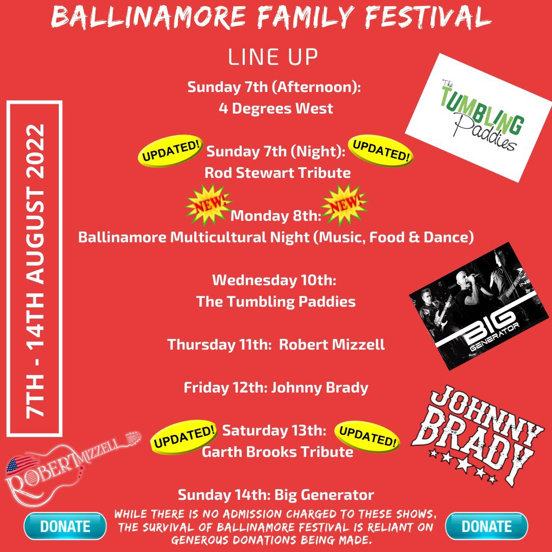 The #BallinamoreFestival Line Up!

7th - 14th August. 

<a href="/leitrimtourism/">Leitrim Tourism #EnjoyLeitrim</a> <a href="/leitrimdevco/">Leitrim Development Company. 🇮🇪🇪🇺🇺🇦🇵🇸</a> <a href="/LeitrimLive/">Leitrim Observer / Leitrim Live</a> <a href="/aboutleitrim/">About Leitrim</a> <a href="/discoverirl/">Discover Ireland</a> <a href="/irishholidays/">discoverireland.ie</a> 

#TheBallinamoreBoomIsBack #Ballinamore #BallinamoreFestival #Leitrim #VisitLeitrim #VisitBallinamore #Ireland #DiscoverIreland #FreeMusic