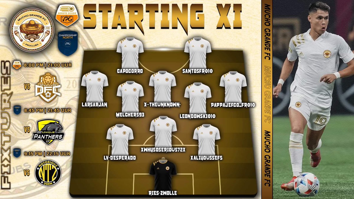 MuchoGrandeFC (@fc_mucho) on Twitter photo This is our team for the matches tonight!
<a href="/VPG_Nederland/">VPG Nederland</a>
21:00 vs Dutch Football Community
VPG Europe Championship
21:45 vs Unique Phanters
22:15 vs NTZ 3gen Academy
Come on boys!! This is our team for the matches tonight!
<a href="/VPG_Nederland/">VPG Nederland</a>
21:00 vs Dutch Football Community
VPG Europe Championship
21:45 vs Unique Phanters
22:15 vs NTZ 3gen Academy
Come on boys!!