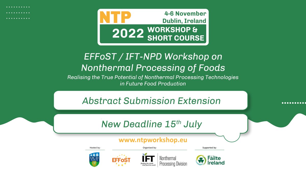 UCDFoodHealth's tweet photo. 3 Days to Go - Final date for Abstract Submission EFFoST/IFT-NPD Workshop & Short Course in
@UCD @Dublin this November
Submit now: https://t.co/aH3Hrs9XJT
@IFT @EFFoST @UCDResearch
#ScienceOfFood #abstractsubmission #nonthermalprocessing #foodscience #foodtech #NTPWORKSHOP2022 https://t.co/6450rH9050