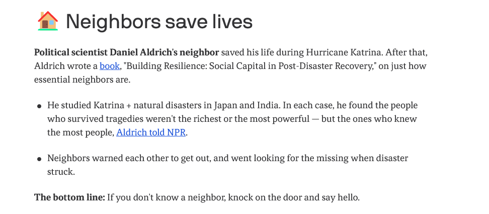 Daniel P. Aldrich urbanists.social/web/@dpaldrich (@danielpaldrich) on Twitter photo Thanks to <a href="/axios/">Axios</a> for mentioning my work on the importance of #socialties during #disasters: axios.com/newsletters/ax… <a href="/NU_PolicySchool/">NU School of Public Policy and Urban Affairs</a> <a href="/NUPoliSci/">NU PoliSci</a> <a href="/MansfieldFDN/">Mansfield Foundation</a> <a href="/HarvardUSJapan/">Program on US-Japan Relations, Harvard University</a> <a href="/AbeFellowship/">SSRC Abe Fellows Network</a> <a href="/MoreheadCain/">Morehead-Cain</a> Thanks to <a href="/axios/">Axios</a> for mentioning my work on the importance of #socialties during #disasters: axios.com/newsletters/ax… <a href="/NU_PolicySchool/">NU School of Public Policy and Urban Affairs</a> <a href="/NUPoliSci/">NU PoliSci</a> <a href="/MansfieldFDN/">Mansfield Foundation</a> <a href="/HarvardUSJapan/">Program on US-Japan Relations, Harvard University</a> <a href="/AbeFellowship/">SSRC Abe Fellows Network</a> <a href="/MoreheadCain/">Morehead-Cain</a>