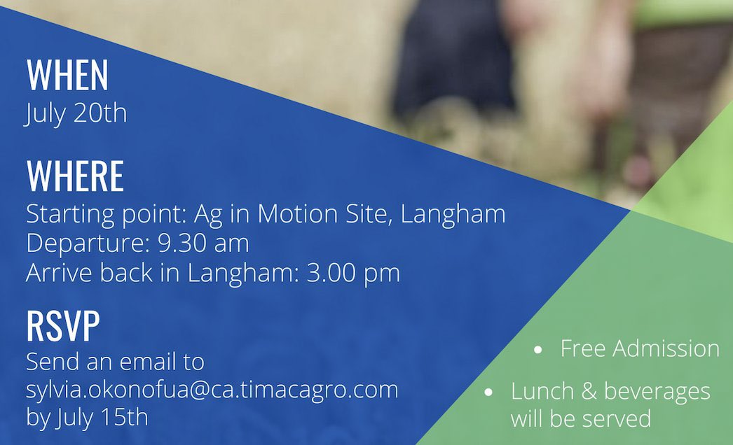 TimacAgroCanada's tweet image. You're invited to join us for a Field Tour Day on Wednesday, July 20th in Langham, SK during @AginMotion!

Our ATC's will guide you through their current farming trials and showcase a variety of the ag specialties. Please RSVP by July 15th 👉 Sylvia.okonofua@ca.timacagro.com
