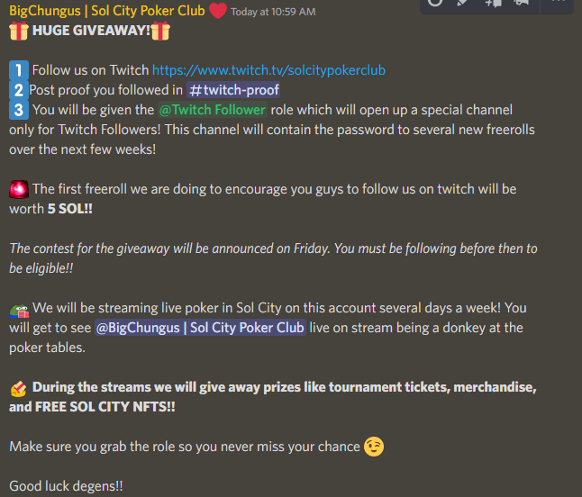 🚨GIVEAWAY ALERT!!

1⃣Follow us on Twitch to be eligible for this 5 $SOL #giveaway 
2⃣Join our Discord and post proof of following!
3⃣Like, Follow, RT!!

Twitch twitch.tv/solcitypokercl…
Discord discord.gg/SolCityPokerCl…

#nftgiveaway #solgiveaway #pokernft #cryptopoker #pokerstream